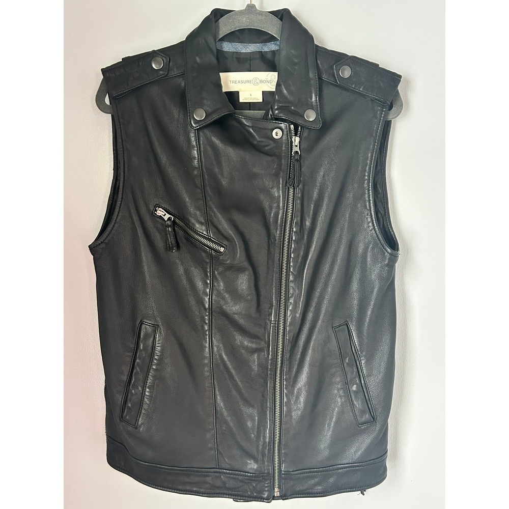 Treasure & Bond Black Faux Leather Moto Vest Womens Size S Asymmetrical Zip